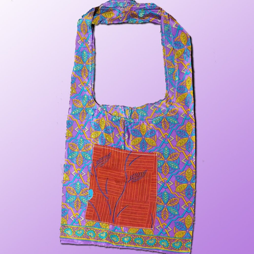 Wevez Purple & Blue Sari Silk Lightweight Shoulder Bag with Pocket